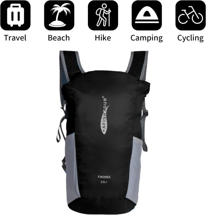 Ultralight Water Resistant Backpack for Men & Women, 15L Packable Hiking Daypack, Roll Top Closure Small Dry Bag Backpack for Cycling, Camping,Skiing, Boating (Black) - Image 9