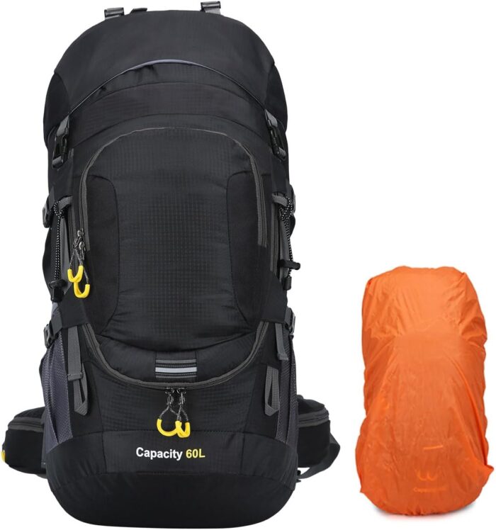 ShowyLive 60L Waterproof Hiking and Camping Backpack for Men - Durable, Lightweight Large Hiking Backpack with Rain Cover, Multi Compartments, and Adjustable Straps, Black