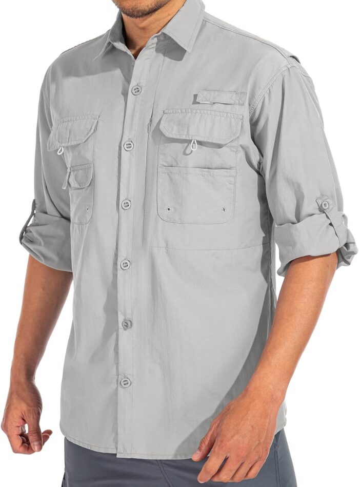 linlon Mens Safari Shirts Long Sleeve UV Protection Hiking Fishing UPF 50+ Quick Dry Cooling Camping Travel Shirts