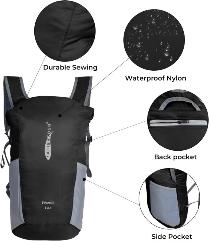 Ultralight Water Resistant Backpack for Men & Women, 15L Packable Hiking Daypack, Roll Top Closure Small Dry Bag Backpack for Cycling, Camping,Skiing, Boating (Black) - Image 3