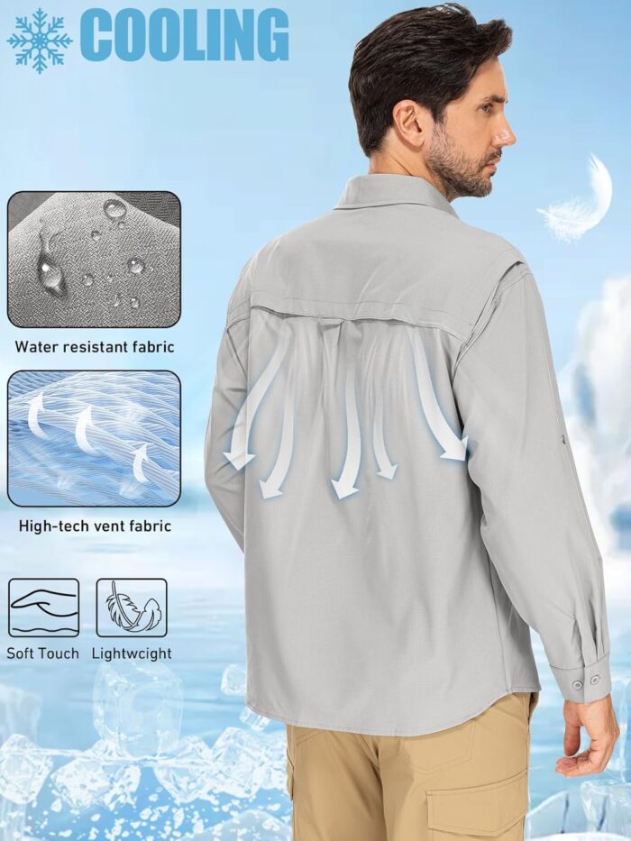 linlon Mens Safari Shirts Long Sleeve UV Protection Hiking Fishing UPF 50+ Quick Dry Cooling Camping Travel Shirts - Image 2