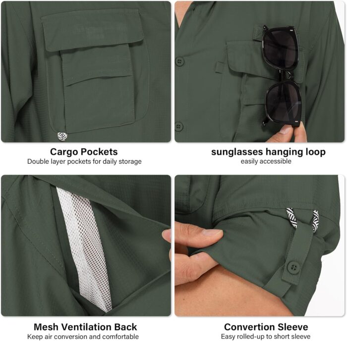Mens Safari Shirts Long Sleeve UV Protection Hiking Fishing UPF 50+ Quick Dry Camping Travel Shirts - Image 4