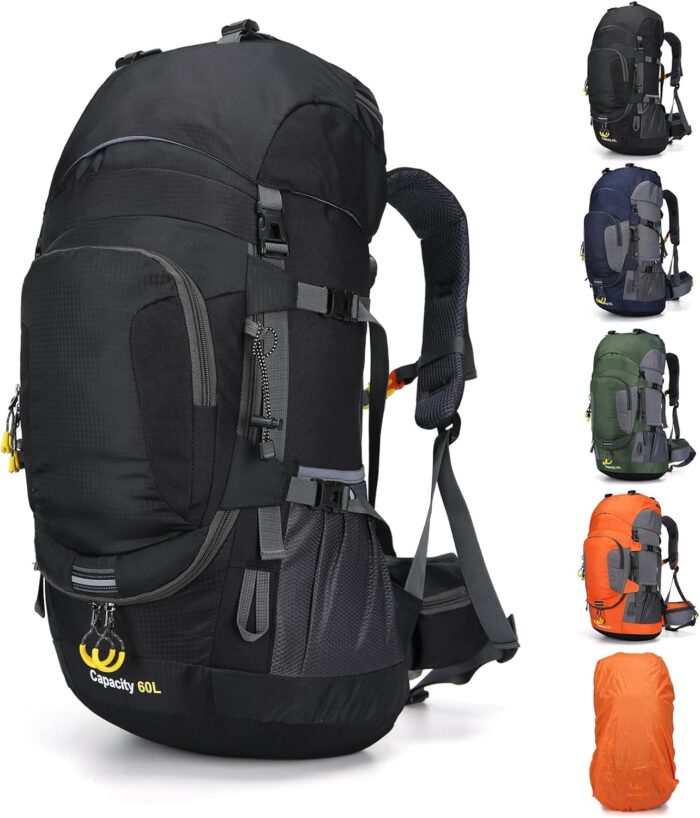 ShowyLive 60L Waterproof Hiking and Camping Backpack for Men - Durable, Lightweight Large Hiking Backpack with Rain Cover, Multi Compartments, and Adjustable Straps, Black - Image 9