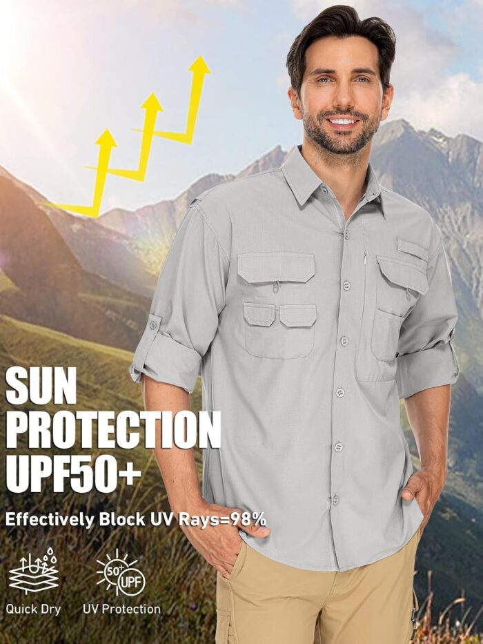 linlon Mens Safari Shirts Long Sleeve UV Protection Hiking Fishing UPF 50+ Quick Dry Cooling Camping Travel Shirts - Image 3