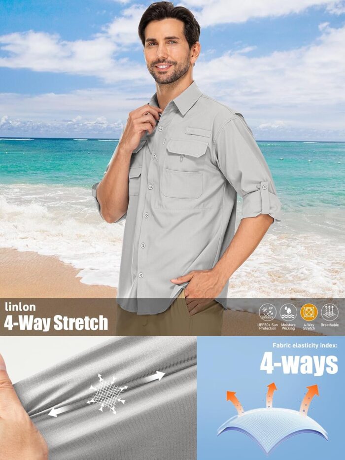 linlon Mens Safari Shirts Long Sleeve UV Protection Hiking Fishing UPF 50+ Quick Dry Cooling Camping Travel Shirts - Image 9