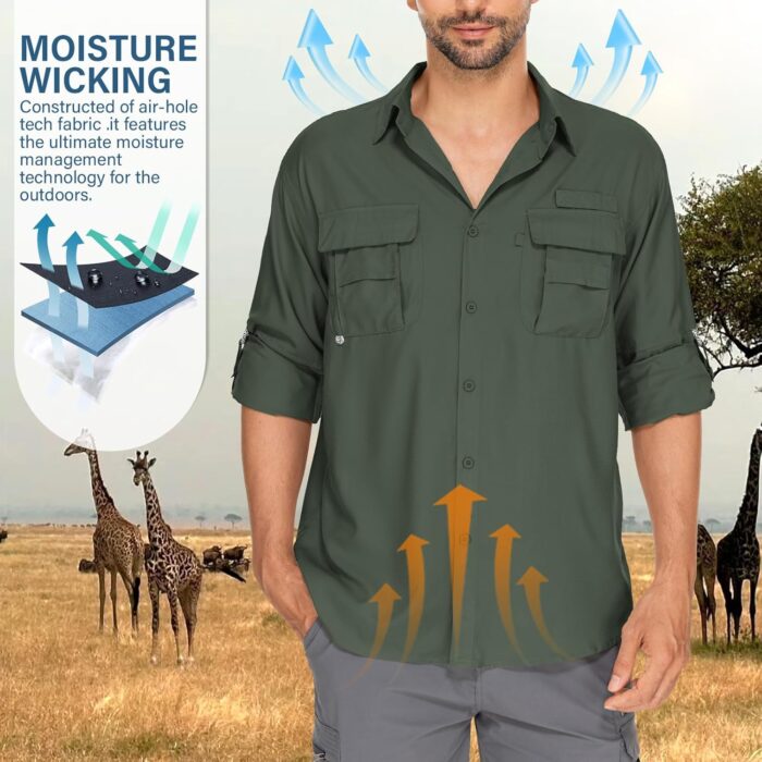 Mens Safari Shirts Long Sleeve UV Protection Hiking Fishing UPF 50+ Quick Dry Camping Travel Shirts - Image 3