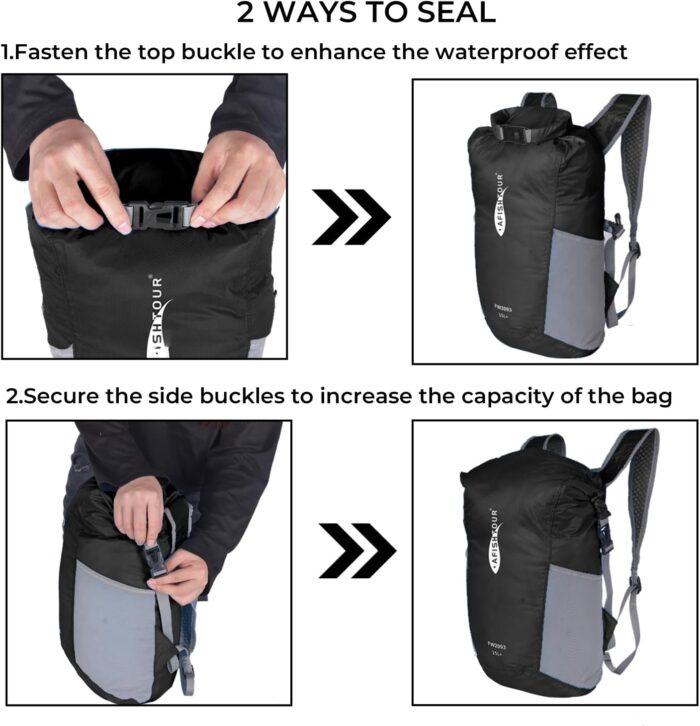 Ultralight Water Resistant Backpack for Men & Women, 15L Packable Hiking Daypack, Roll Top Closure Small Dry Bag Backpack for Cycling, Camping,Skiing, Boating (Black) - Image 4