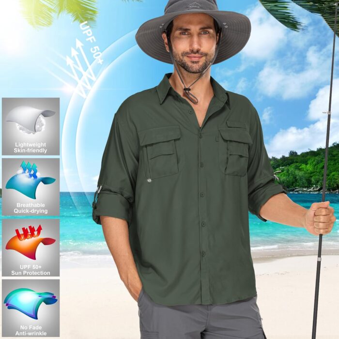 Mens Safari Shirts Long Sleeve UV Protection Hiking Fishing UPF 50+ Quick Dry Camping Travel Shirts - Image 6
