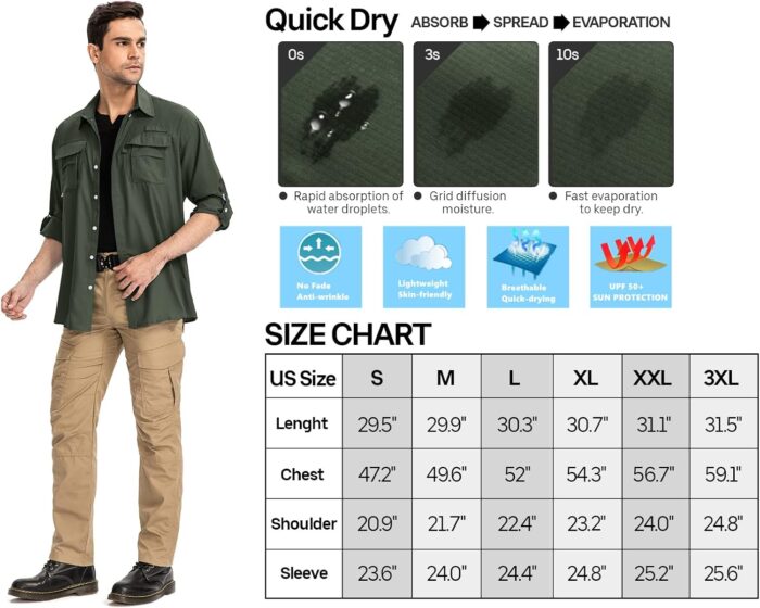 Mens Safari Shirts Long Sleeve UV Protection Hiking Fishing UPF 50+ Quick Dry Camping Travel Shirts - Image 7