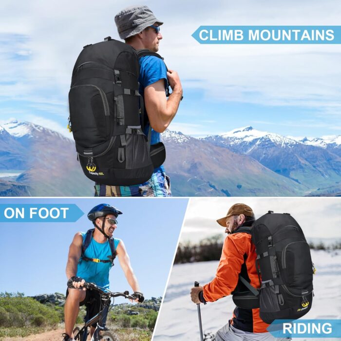 ShowyLive 60L Waterproof Hiking and Camping Backpack for Men - Durable, Lightweight Large Hiking Backpack with Rain Cover, Multi Compartments, and Adjustable Straps, Black - Image 8