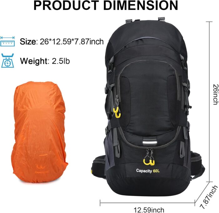 ShowyLive 60L Waterproof Hiking and Camping Backpack for Men - Durable, Lightweight Large Hiking Backpack with Rain Cover, Multi Compartments, and Adjustable Straps, Black - Image 4