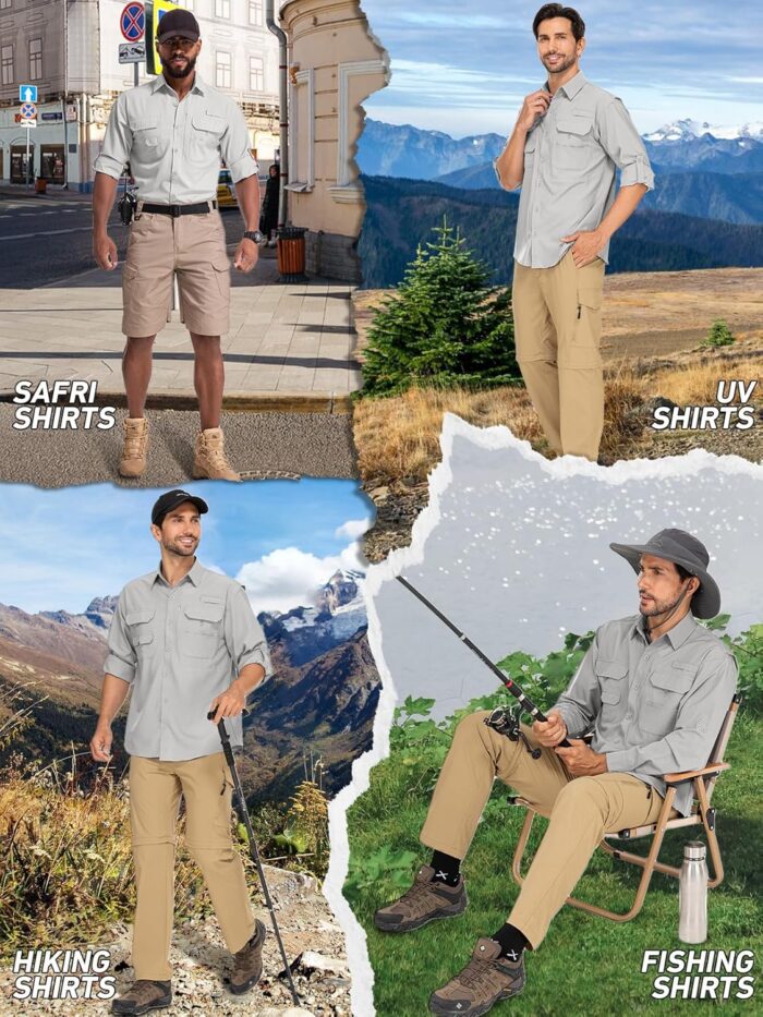 linlon Mens Safari Shirts Long Sleeve UV Protection Hiking Fishing UPF 50+ Quick Dry Cooling Camping Travel Shirts - Image 6