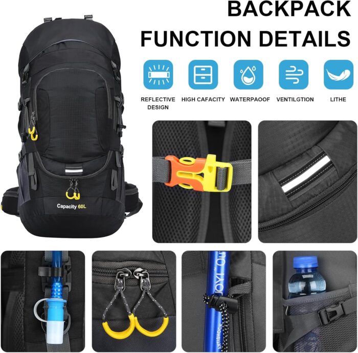 ShowyLive 60L Waterproof Hiking and Camping Backpack for Men - Durable, Lightweight Large Hiking Backpack with Rain Cover, Multi Compartments, and Adjustable Straps, Black - Image 3