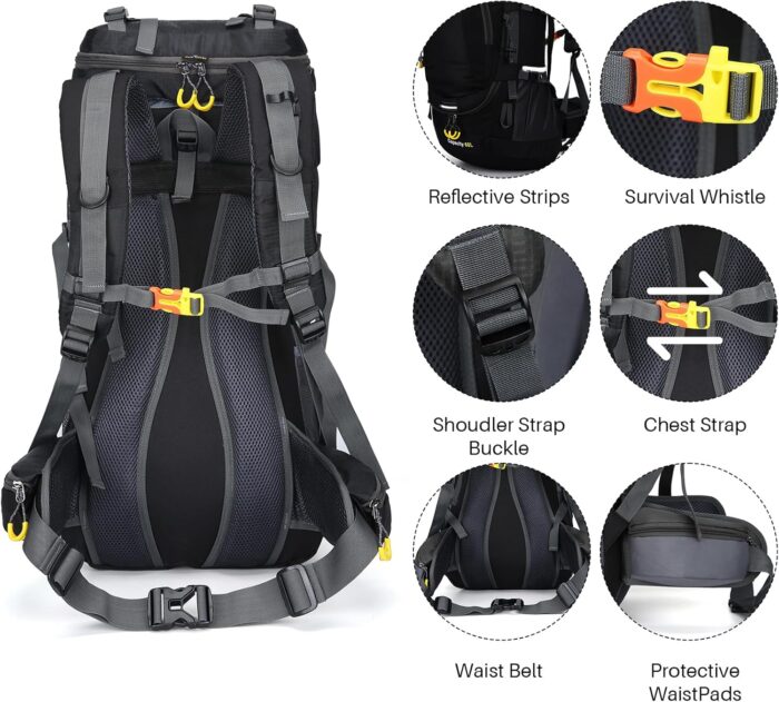 ShowyLive 60L Waterproof Hiking and Camping Backpack for Men - Durable, Lightweight Large Hiking Backpack with Rain Cover, Multi Compartments, and Adjustable Straps, Black - Image 5