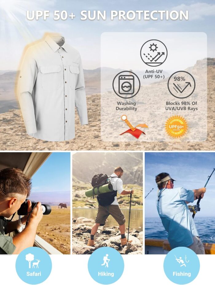Outdoor Ventures Men's UPF 50+ UV Sun Protection Shirt, Long Sleeve Hiking Fishing Shirt Cooling Quick Dry for Safari Travel - Image 5