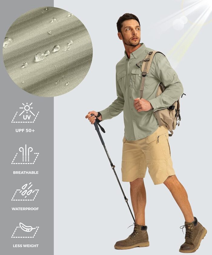 Men's Sun Protection Fishing Shirts Long Sleeve Travel Work Shirts for Men UPF50+ Button Down Shirts with Zipper Pockets - Image 4