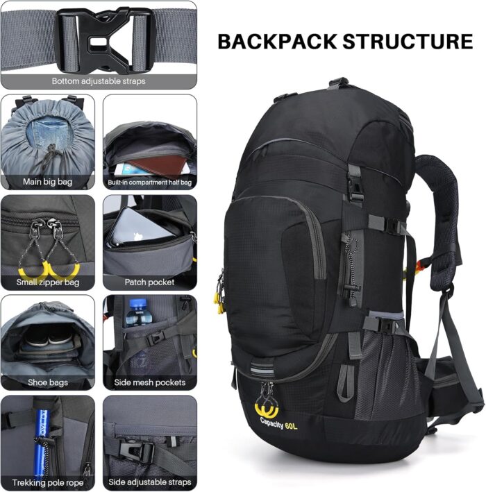 ShowyLive 60L Waterproof Hiking and Camping Backpack for Men - Durable, Lightweight Large Hiking Backpack with Rain Cover, Multi Compartments, and Adjustable Straps, Black - Image 7
