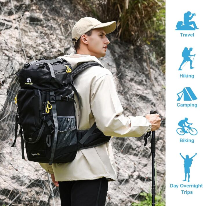 ShowyLive 60L Waterproof Hiking and Camping Backpack for Men - Durable, Lightweight Large Hiking Backpack with Rain Cover, Multi Compartments, and Adjustable Straps, Black - Image 6