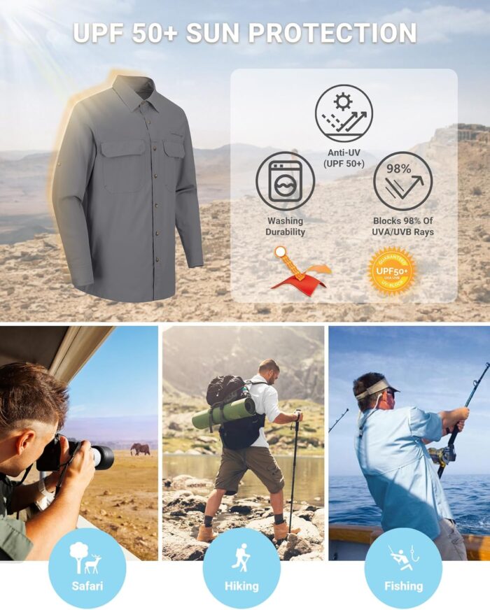 Outdoor Ventures Men's UPF 50+ UV Sun Protection Shirt, Long Sleeve Hiking Fishing Shirt Cooling Quick Dry for Safari Travel - Image 5