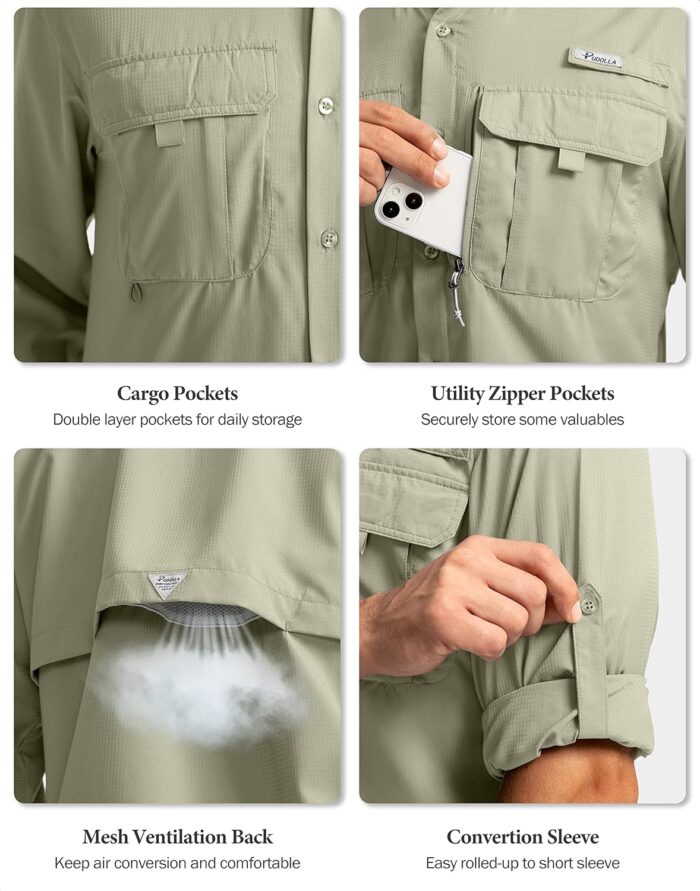 Men's Sun Protection Fishing Shirts Long Sleeve Travel Work Shirts for Men UPF50+ Button Down Shirts with Zipper Pockets - Image 5